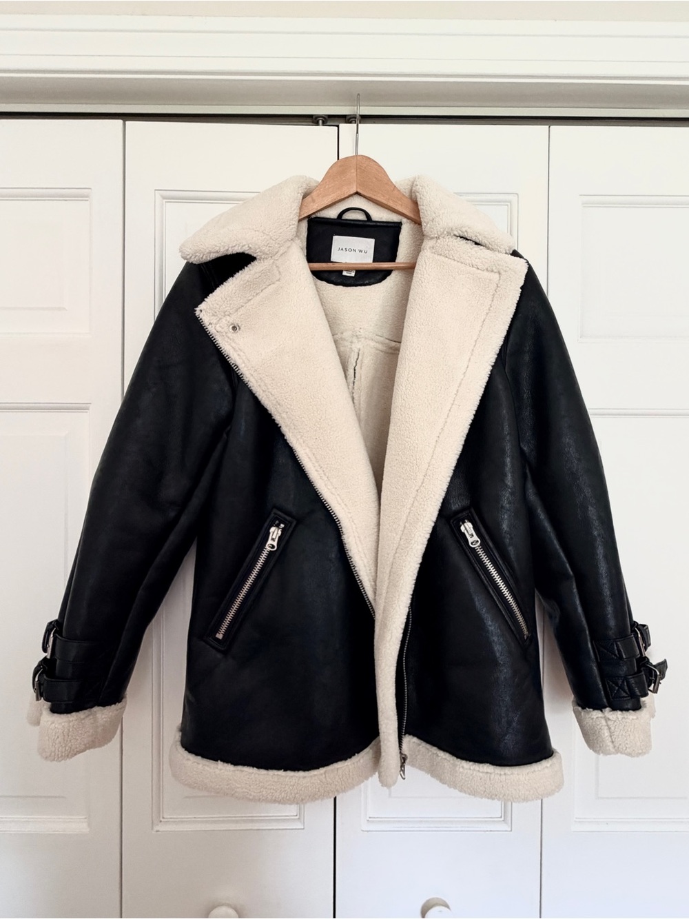 Jason Wu Faux Shearling Aviator Jacket Black Moto Coat Size M